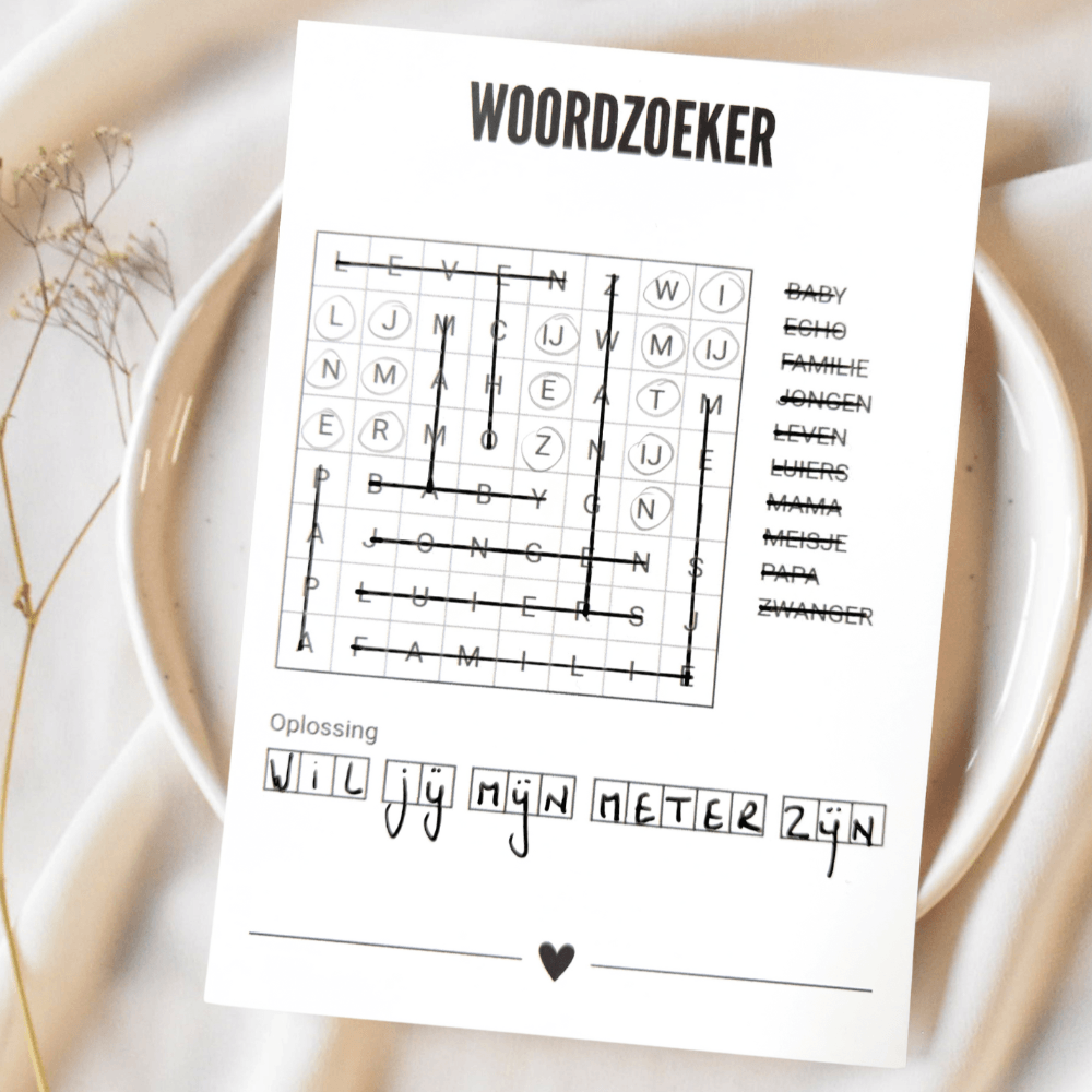 Ingevulde A6-woordzoeker met doorgestreepte woorden en de oplossing ‘Wil jij mijn meter zijn’ op een bord.