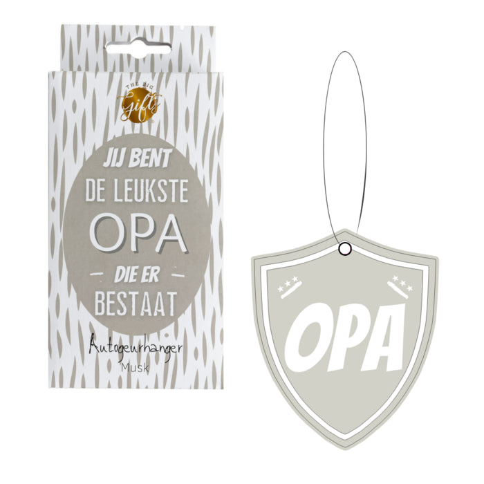 Grijze schildvormige autogeurhanger met ‘Opa’ en verpakking met de tekst ‘Jij bent de leukste opa die er bestaat’.