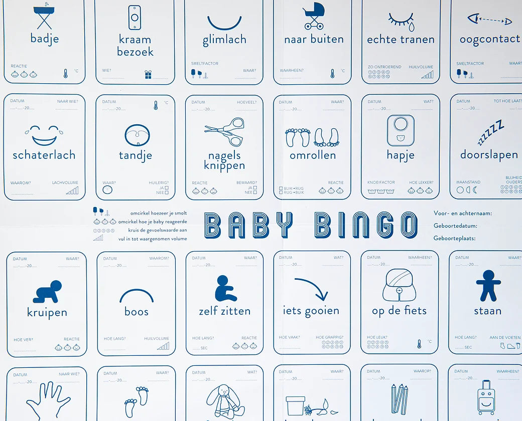 Detail van Baby Mijlpalen Bingo met blauwe pictogrammen, invulvakjes en ruimte voor naam en geboortegegevens.