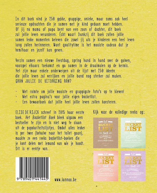 Gele achterkant van het Bucketlist Boek voor ouders met boekbeschrijving en kleine afbeeldingen van andere boeken.