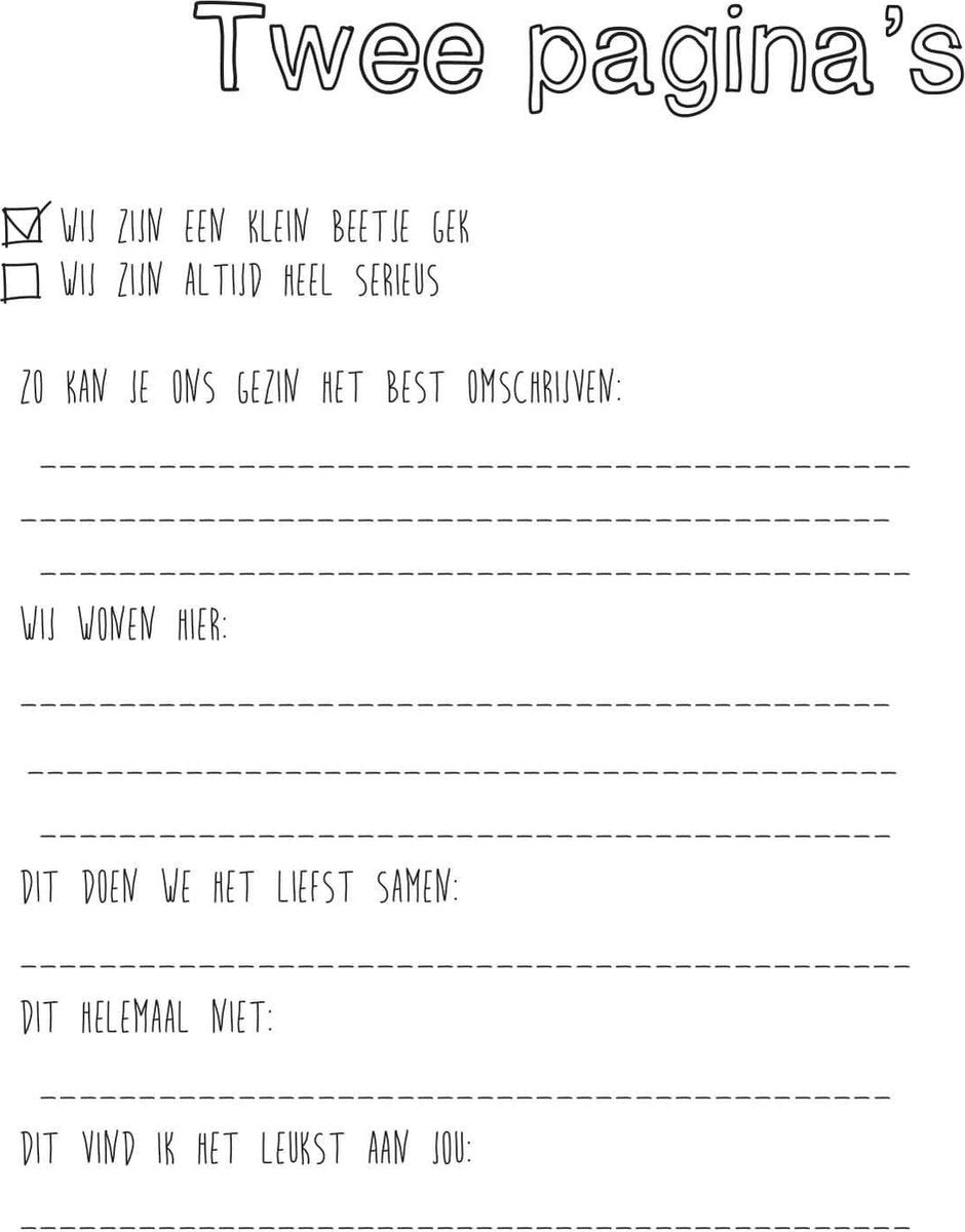 Invulpagina uit het Bucketlist Boek voor ouders met vragen over het gezin en wat jullie graag samen doen.