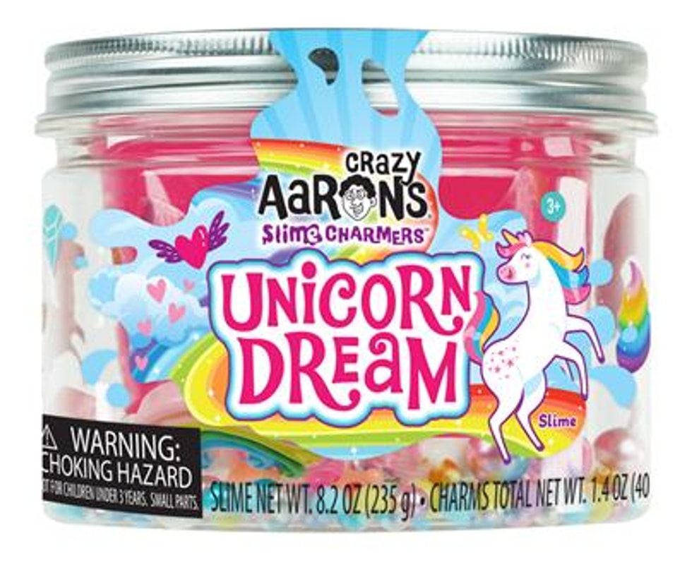 Vooraanzicht van een gesloten pot Crazy Aarons Unicorn Dream met roze slijm en een kleurrijk eenhoornetiket.