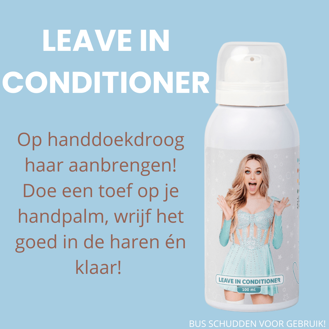Camille leave-in conditioner 100 ml in een witte spuitbus met portret op het etiket, naast gebruiksinstructies.