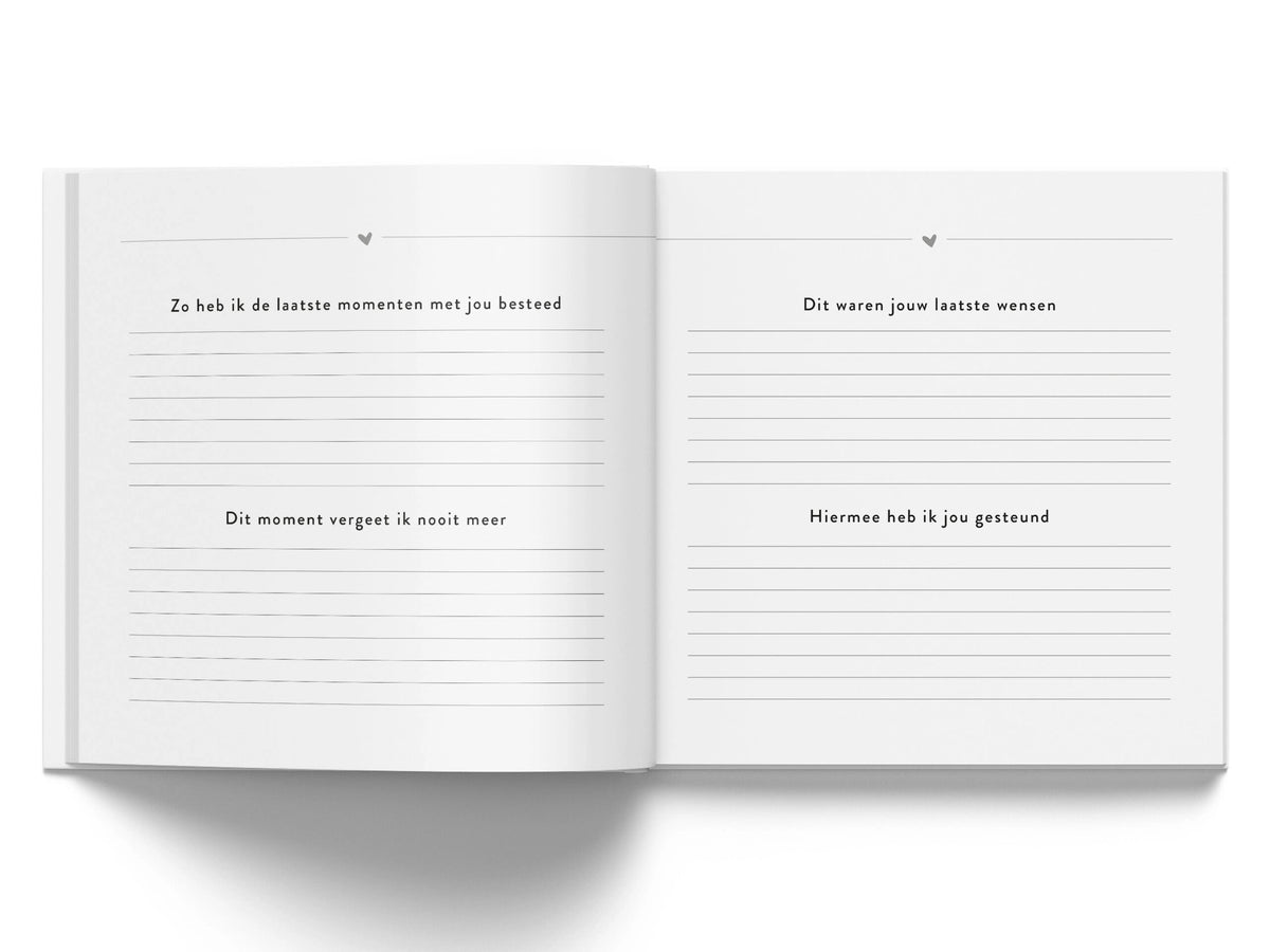Open invulboek ‘Ik mis je zo’ met schrijflijnen en vragen over laatste momenten, wensen en steun.