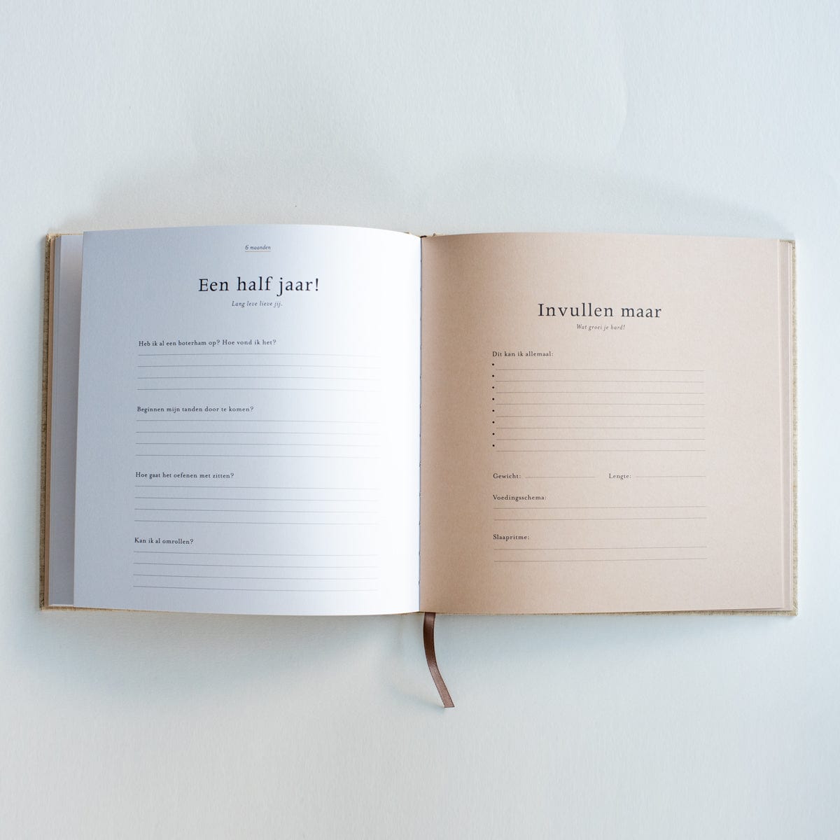 Invulboek Mijn Eerste Jaar, open bij ‘Een half jaar!’ en ‘Invullen maar’, met vragen en invulregels.
