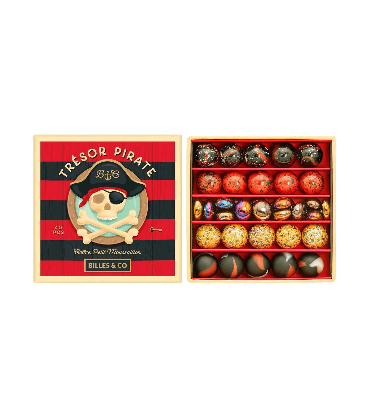 Pirate Treasure-knikkers in rood, zwart en goud, gesorteerd in een open doos naast het deksel met piratenschedel.