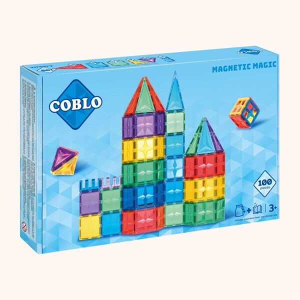 Blauwe Coblo Classic-verpakking met 100 magnetische bouwblokken en een kleurrijk kasteel op de voorkant