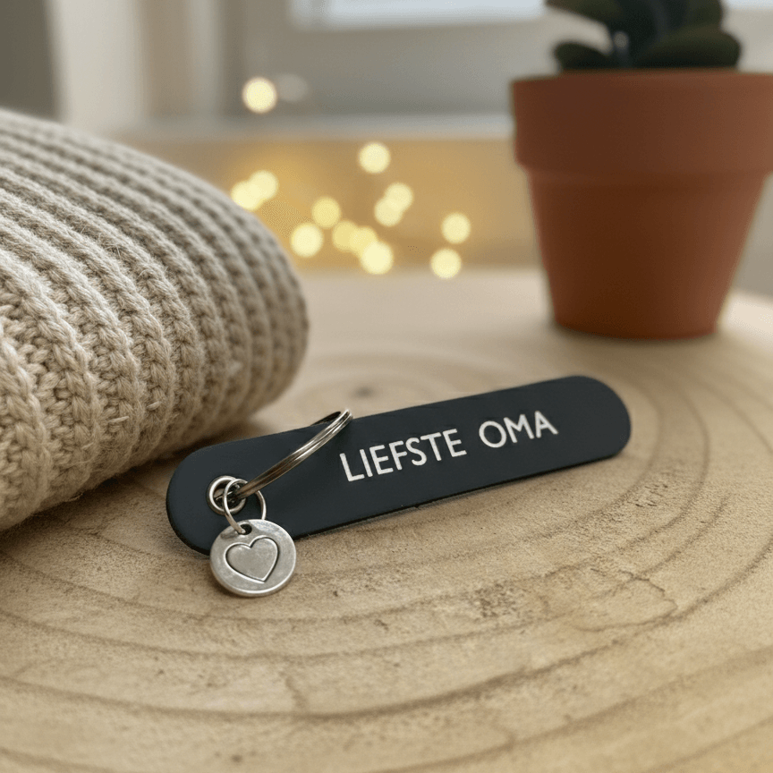 Grijze sleutelhanger met opdruk ‘Liefste Oma’ en zilverkleurige hartbedel op een houten ondergrond.