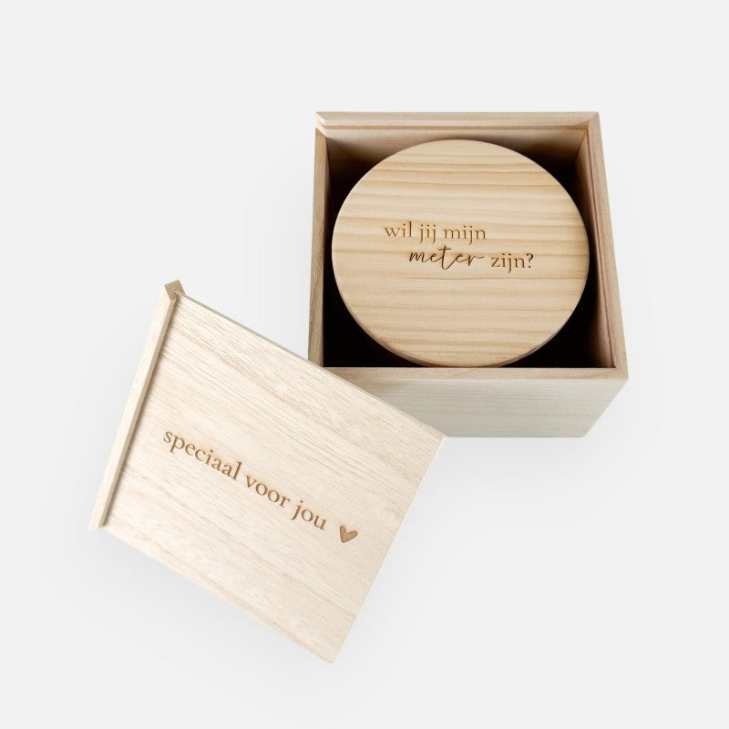 houten kistje met geurkaars met houten deksel wil jij mijn meter zijn metergeschenk