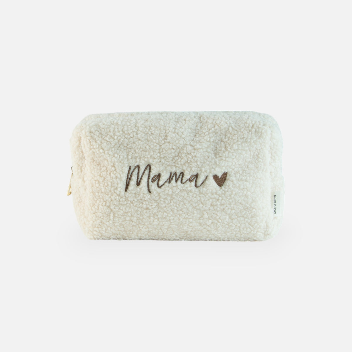 Voorkant van de crèmekleurige Teddy toilettas met bruin opschrift 'Mama' en hartje tegen een witte achtergrond.