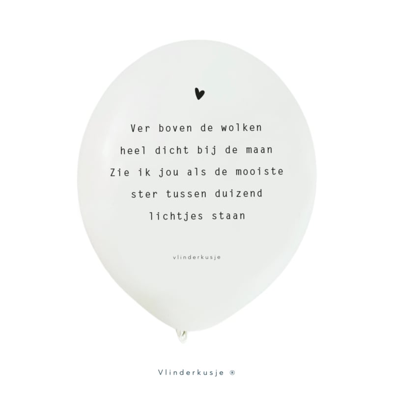 Witte troostballon met het gedichtje 'Mooiste Ster' van Vlinderkusje en een zwart hartje boven de tekst.
