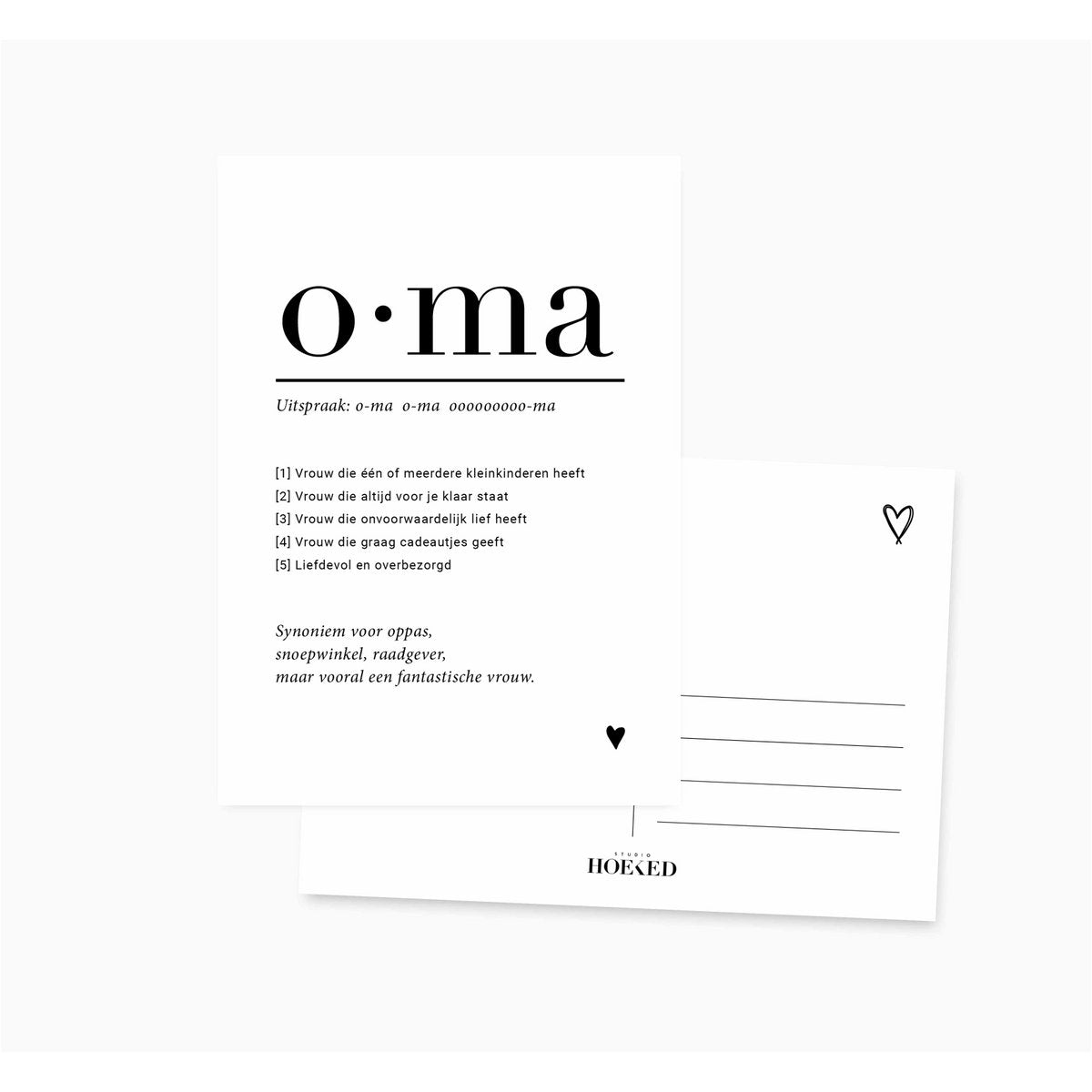 Ansichtkaart Oma met zwarte tekst en een hartje, met de achterzijde met adreslijnen erachter.