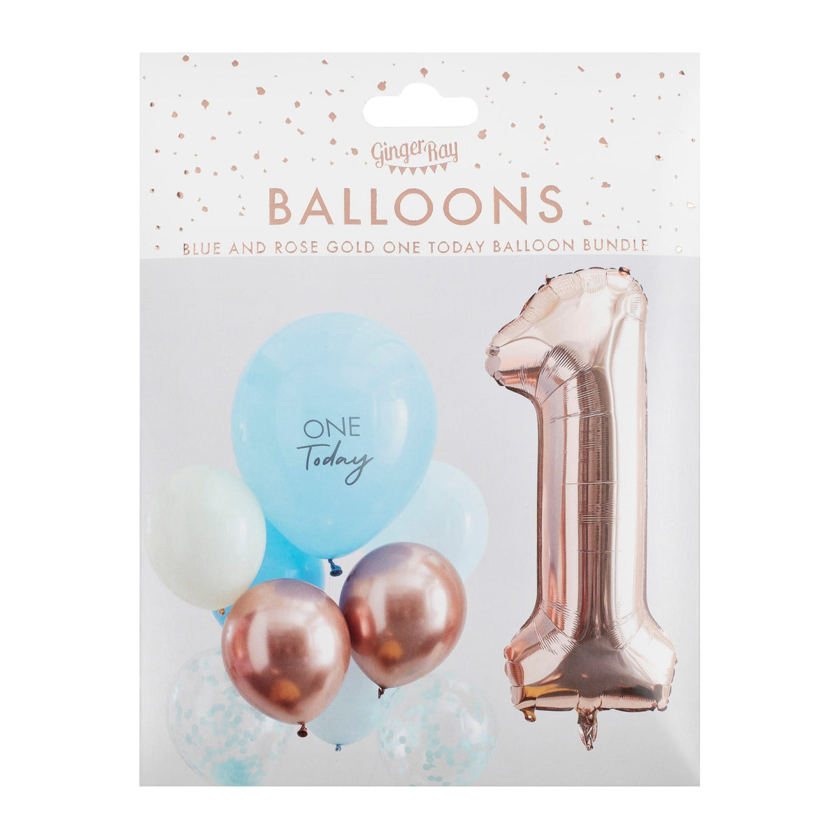 Verpakking van de blauwe ballonnenset voor de 1ste verjaardag, met ballonnen en een roségouden cijfer 1 op de voorkant.
