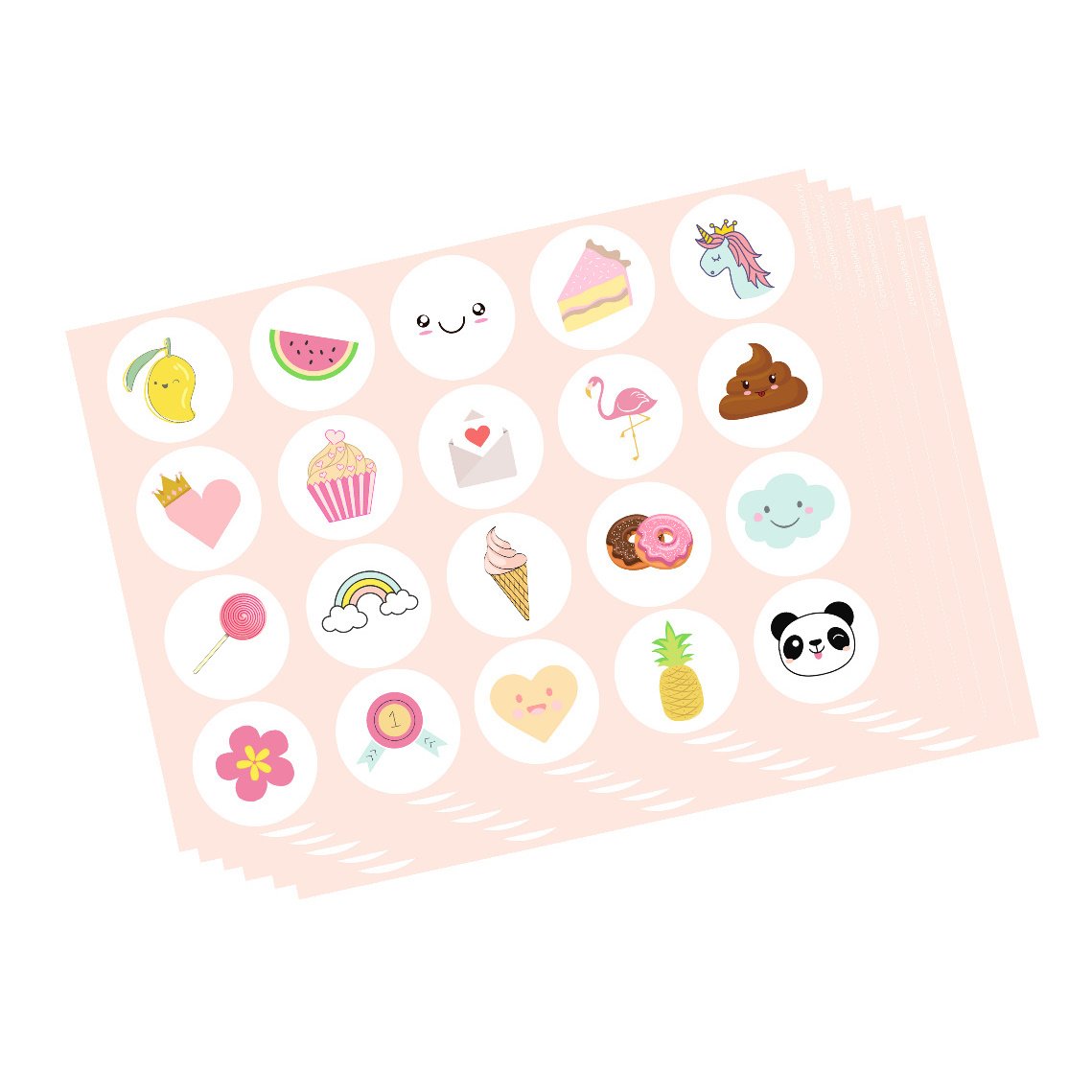 Roze stickervellen met ronde beloningsstickers met onder meer een eenhoorn, flamingo, panda, fruit en ijsje