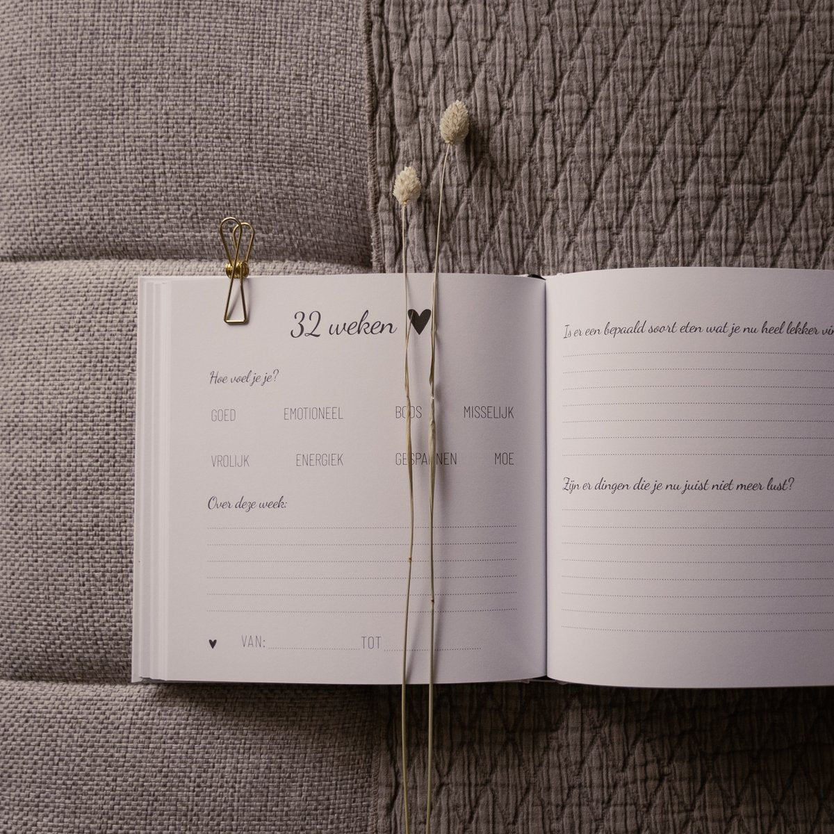 Open zwangerschapsdagboek op grijze stof, met invulpagina’s voor 32 weken en droogbloemen.