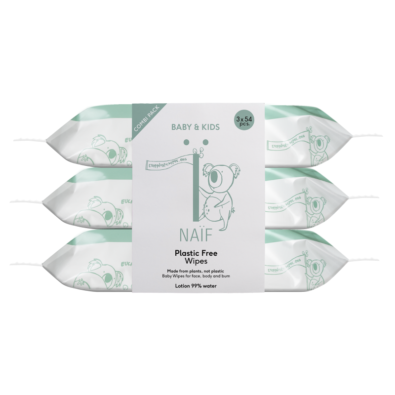 Naïf plasticvrije billendoekjes in een 3-pack met witte en mintgroene verpakkingen met koala's.