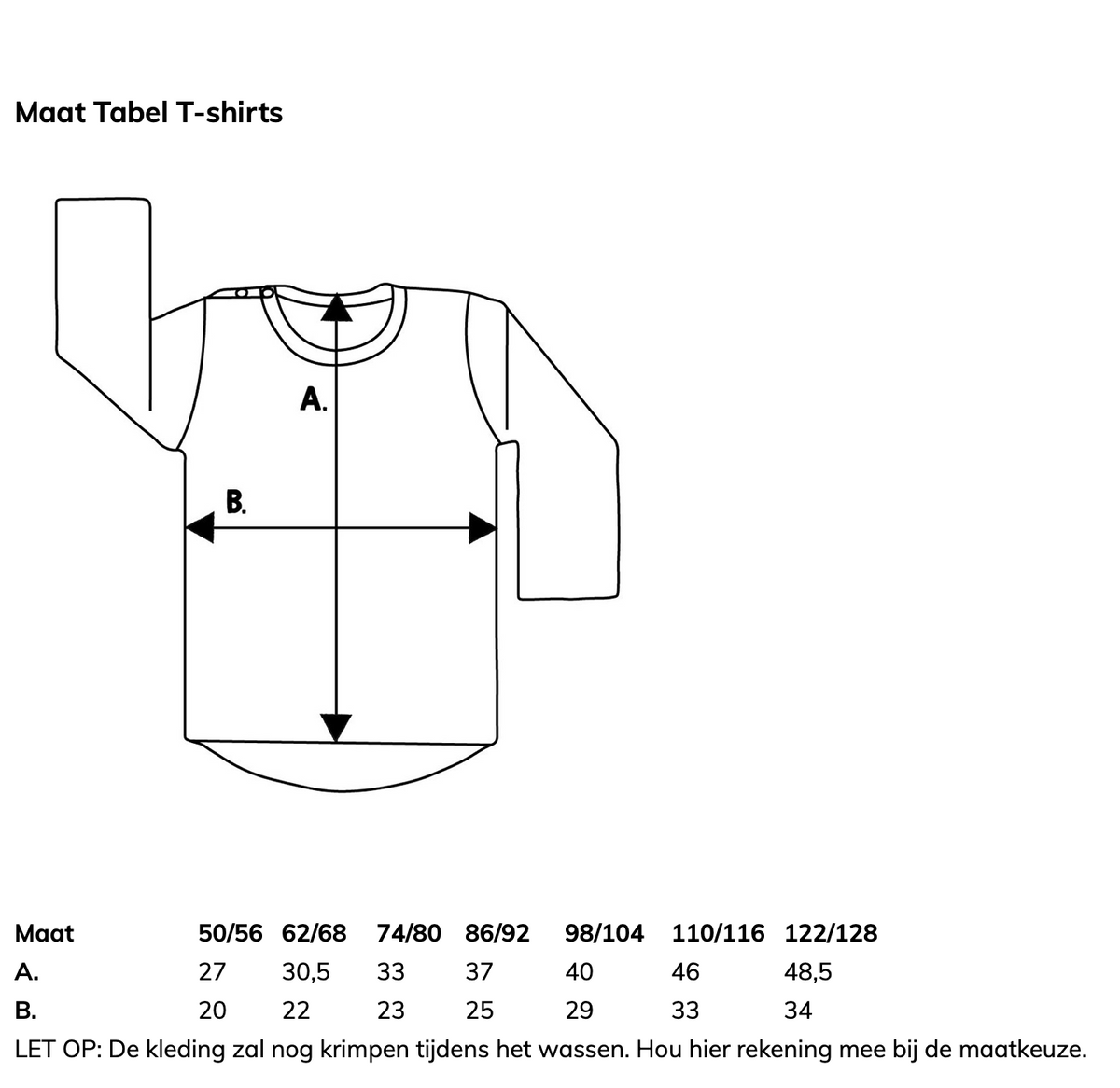 Maattabel voor het Big Brother T-shirt met meetpijlen voor lengte en breedte en maten van 50/56 tot 122/128.