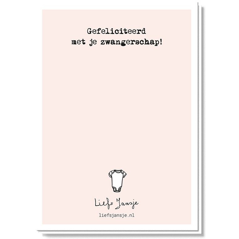 Achterzijde van lichtroze wenskaart Mama to be met de tekst ‘Gefeliciteerd met je zwangerschap!’ en een babyromper.