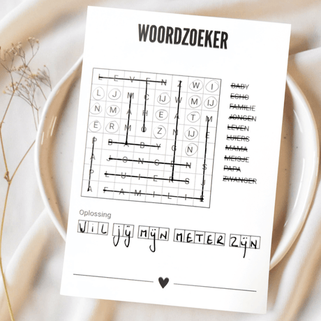 Ingevulde A6-woordzoeker met doorgestreepte woorden en de oplossing ‘Wil jij mijn meter zijn’ op een bord.