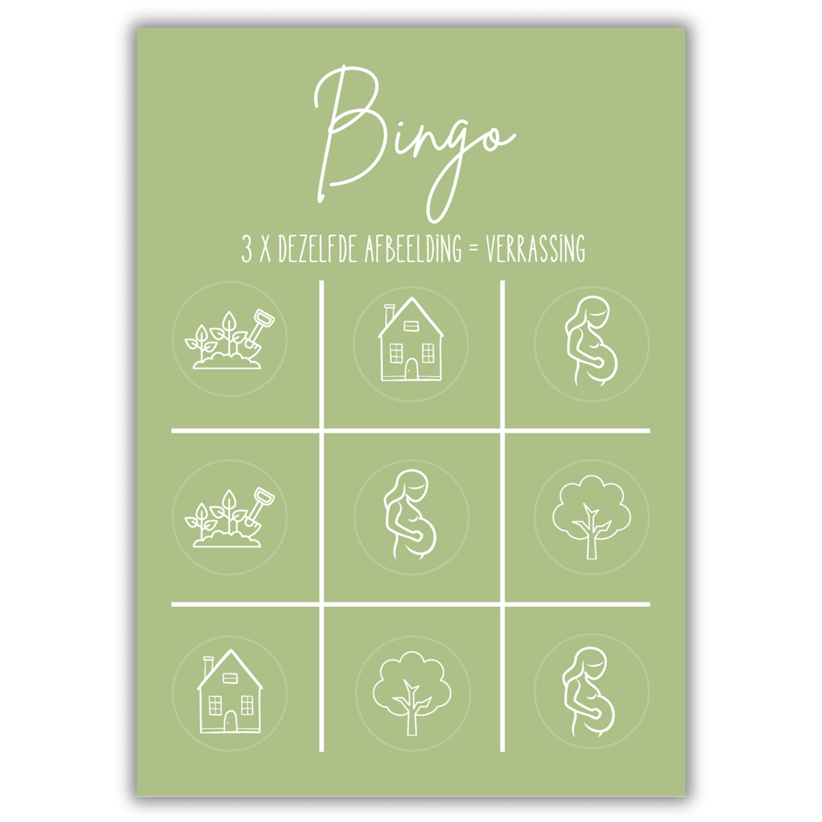 Groene bingo-kraskaart voor een zwangerschapsaankondiging met witte tekeningen van huisjes, planten, bomen en zwangere vrouwen