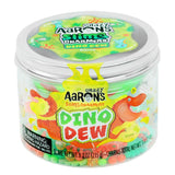 Gesloten pot Crazy Aaron's Slime Charmers Dino Dew met zilverkleurig deksel en kleurrijk dinosauruslabel.
