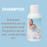 Camille shampoo 100 ml in een witte fles met lichtblauw etiket, naast gebruiksinstructies op een blauwe achtergrond.