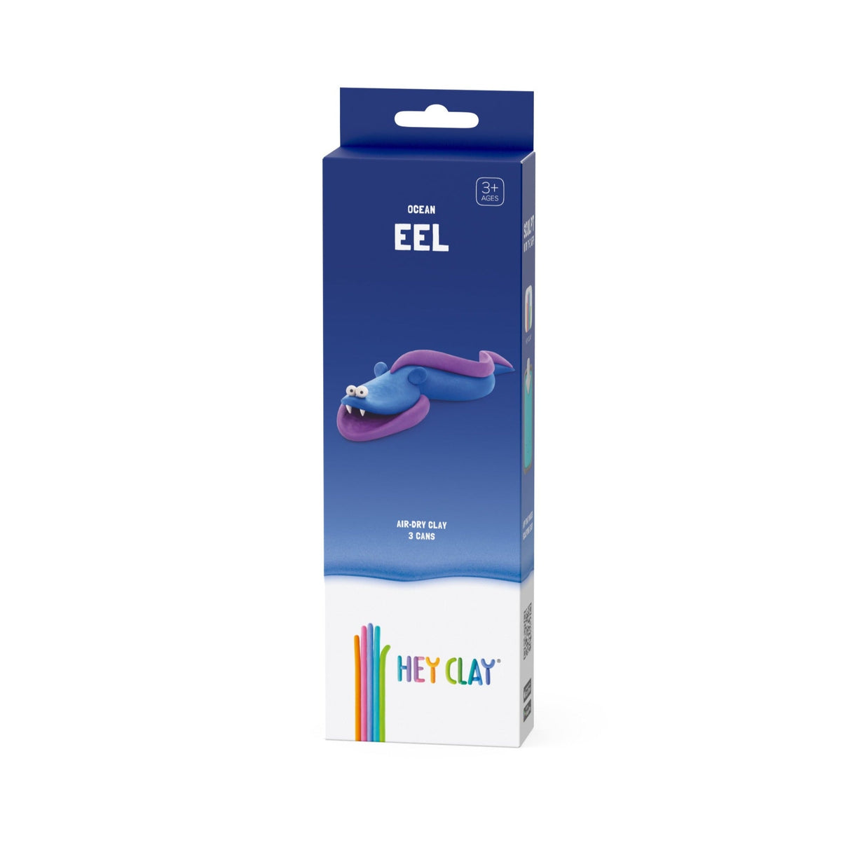 Blauwe verpakking van Hey Clay Eel met een blauw-paarse paling van boetseerklei op de voorkant.
