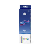 Blauwe verpakking van Hey Clay Eel met een blauw-paarse paling van boetseerklei op de voorkant.