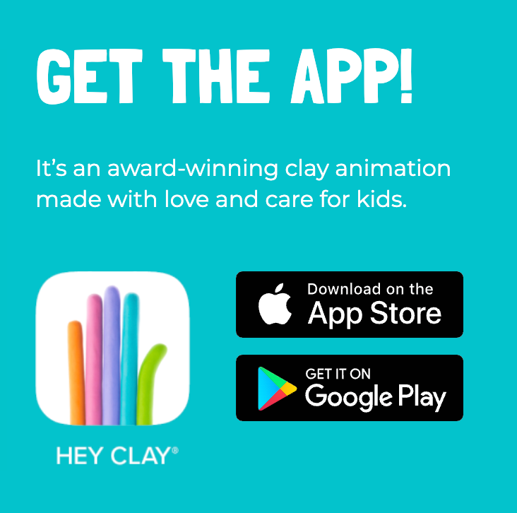 Hey Clay app met kleurrijk logo en downloadknoppen voor de App Store en Google Play op een turquoise achtergrond