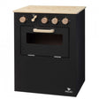 Zwarte houten speelkeuken met drie kookpitten, vier houten draaiknoppen en een ovendeur met venster.