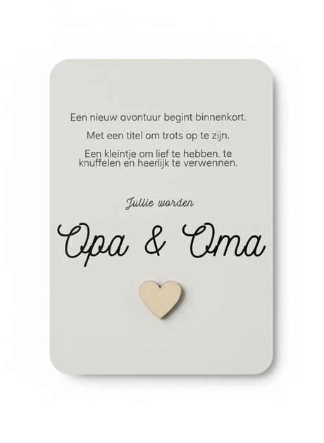 jullie worden opa en oma kaart met houten hartje