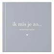 Blauwgrijze cover van invulboek ‘Ik mis je zo’ met witte titel, ondertitel ‘herinneringen aan jou’ en een hartje.