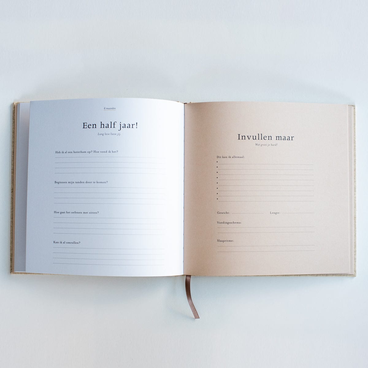 Invulboek Mijn Eerste Jaar met witte en lichtroze invulpagina’s over zes maanden, met onderaan een leeslint.