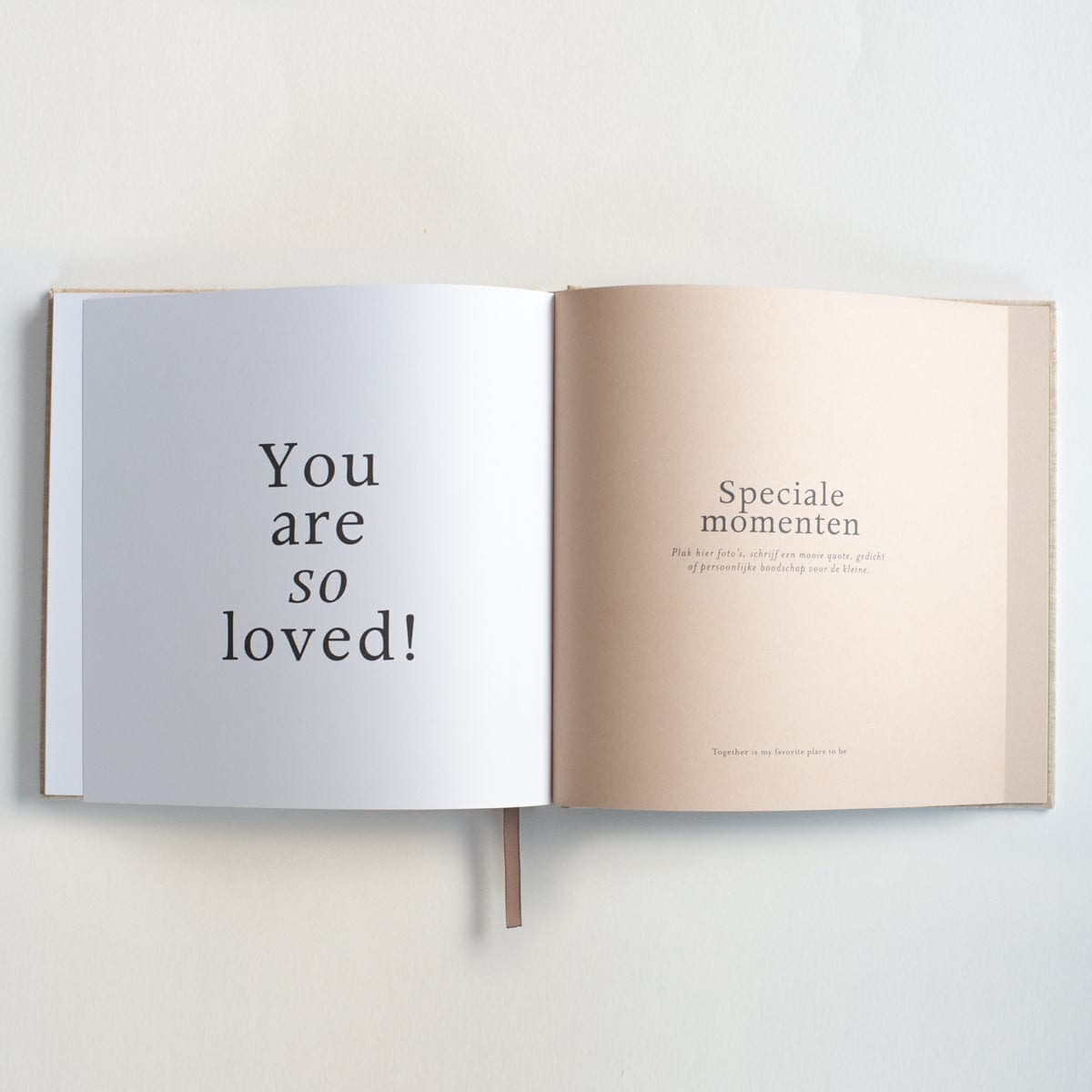 Opengeslagen zwangerschapsinvulboek met links 'You are so loved!' en rechts een zachtroze pagina 'Speciale momenten'