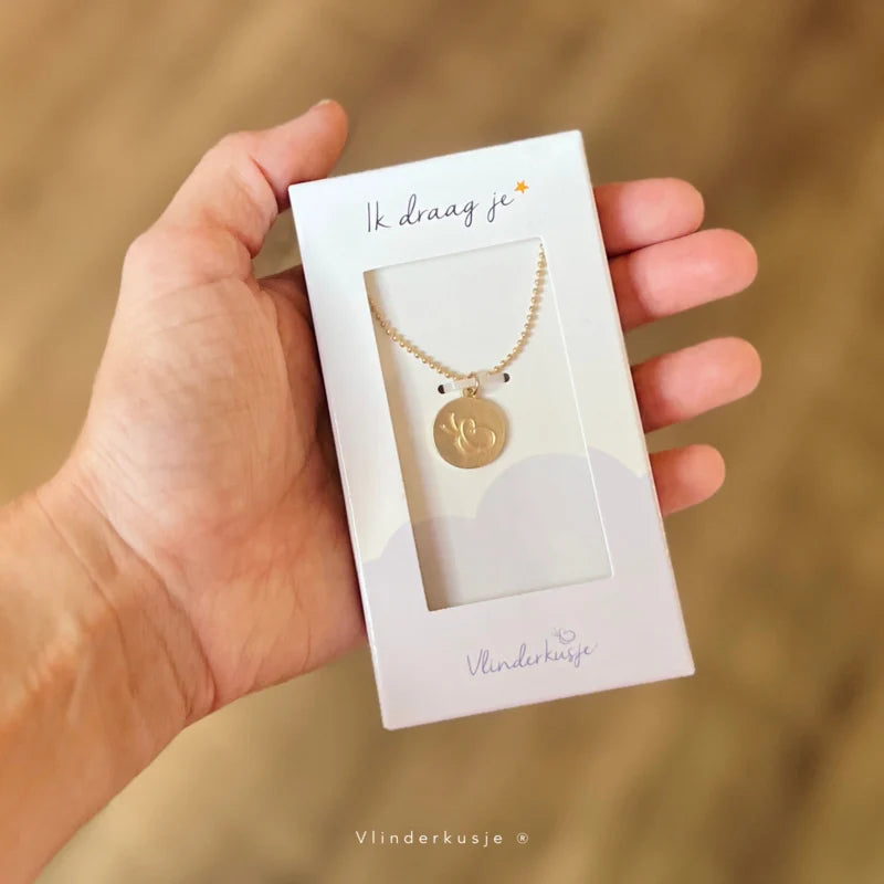 Goudkleurige ketting Ik draag je met ronde vlinderhanger in een doosje, vastgehouden in een hand.