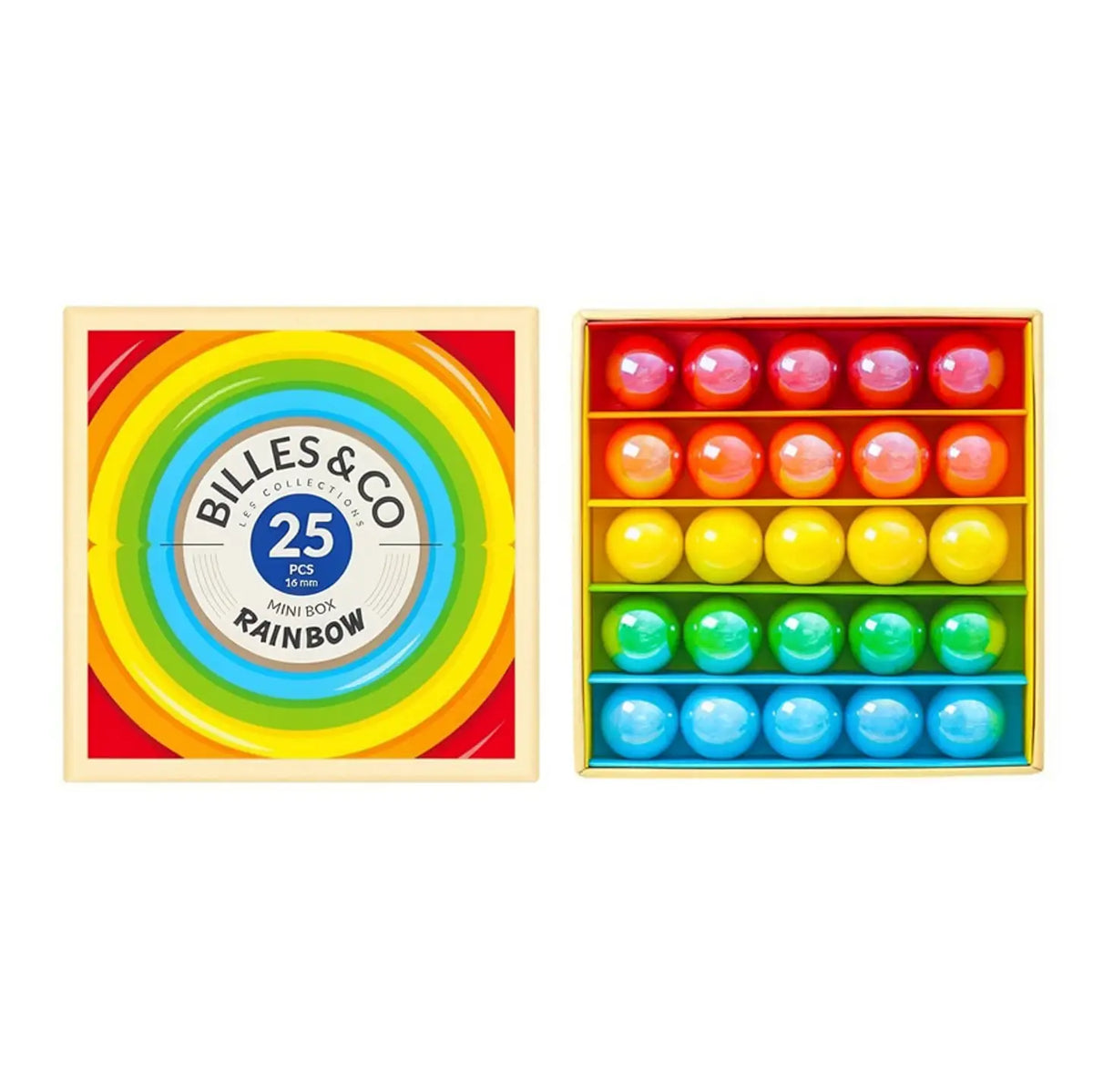 Rainbow-knikkers in een open doosje, met rode, oranje, gele, groene en blauwe rijen en een regenboog op het deksel.