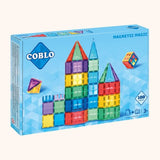 Blauwe Coblo Classic-verpakking met 100 magnetische bouwblokken en een kleurrijk kasteel op de voorkant