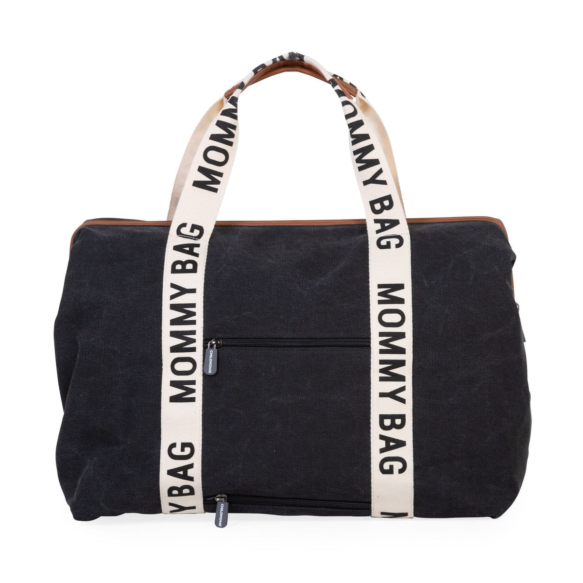 Achterzijde van de zwarte Mommy Bag verzorgingstas met ritsvak en crèmekleurige banden met opdruk.