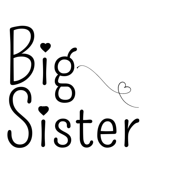 Zwart ontwerp van de Big Sister-plaktattoo met sierlijke letters en hartjes op een witte achtergrond