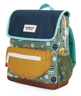 Smiley rugzak met groene print, donkerblauwe klep, turquoise randen en okergeel voorvak.