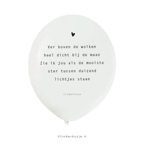 Witte troostballon met het gedichtje 'Mooiste Ster' van Vlinderkusje en een zwart hartje boven de tekst.