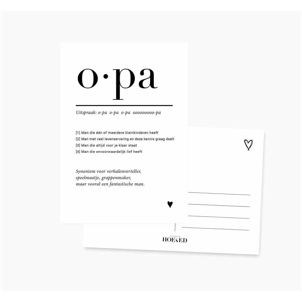 Voor- en achterzijde van de A6 ansichtkaart voor opa, met zwarte tekst, hartjes en adreslijnen op de achterkant.