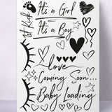 Vel zwarte buikplaktattoos met ‘It's a Girl’, ‘It's a Boy’, ‘Coming Soon’ en ‘Baby Loading’, hartjes en sterren.