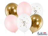 Set van 6 ballonnen voor de 1ste verjaardag in pastelroze, glanzend goud en wit met gouden ‘One’-print en sterren.