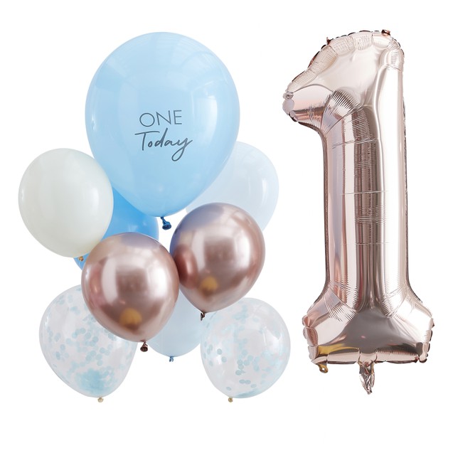 Ballonnenset met blauwe ballon met tekst ‘One Today’, witte, roségouden en confettiballonnen naast een roségouden cijfer 1.