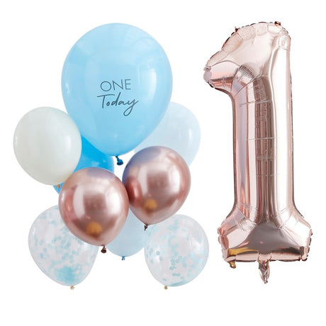 Ballonnenset met blauwe ballon met tekst ‘One Today’, witte, roségouden en confettiballonnen naast een roségouden cijfer 1.