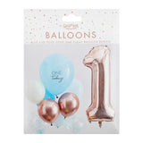 Verpakking van de blauwe ballonnenset voor de 1ste verjaardag, met ballonnen en een roségouden cijfer 1 op de voorkant.