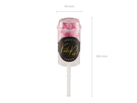 Confetti Push Pop met roze confetti en wit duwstokje, met maataanduidingen van 48 mm breed en 180 mm hoog.