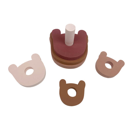 Foam stapeltoren Bear Pink, deels uit elkaar met drie losse beervormige schijven naast de stapelpin.
