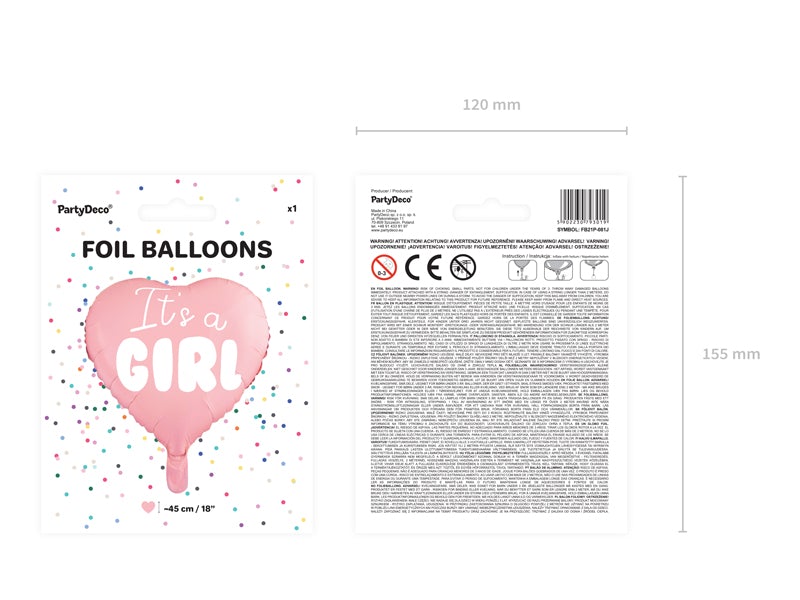 Voor- en achterkant van de verpakking van de roze hartvormige folieballon 'It's a Girl'.
